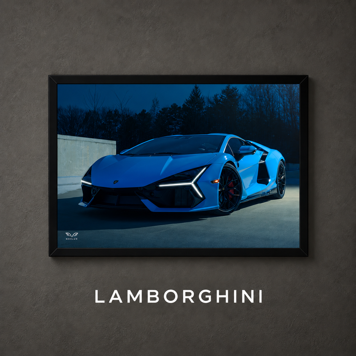 Framed Lamborghini car poster on a charcoal wall with collection label