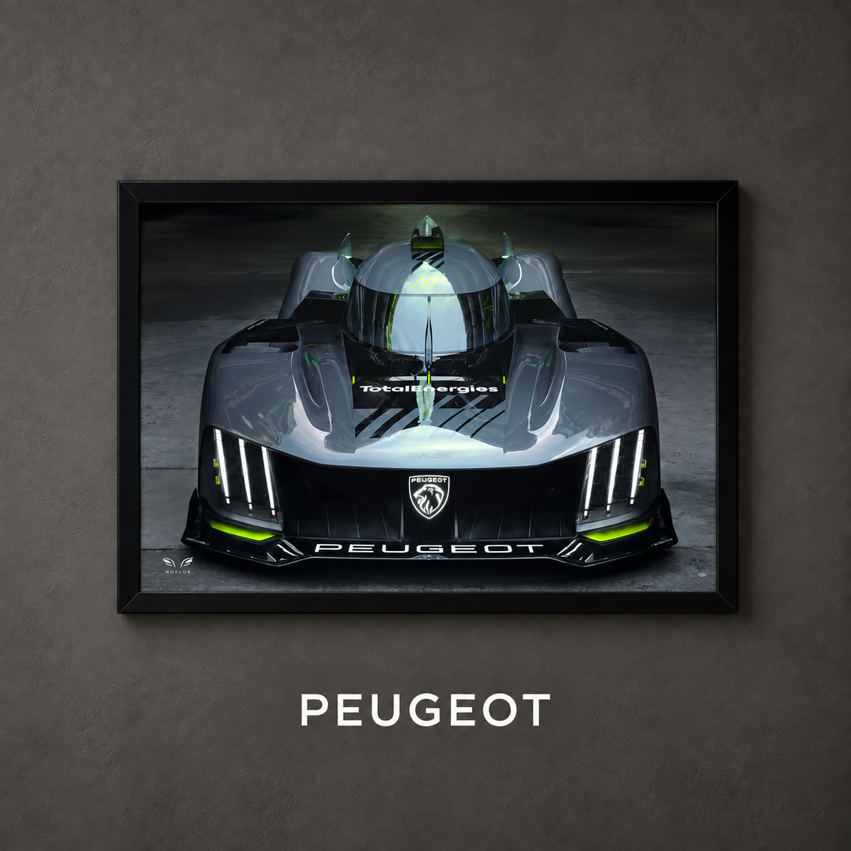 Framed Peugeot car poster on a charcoal wall with collection label
