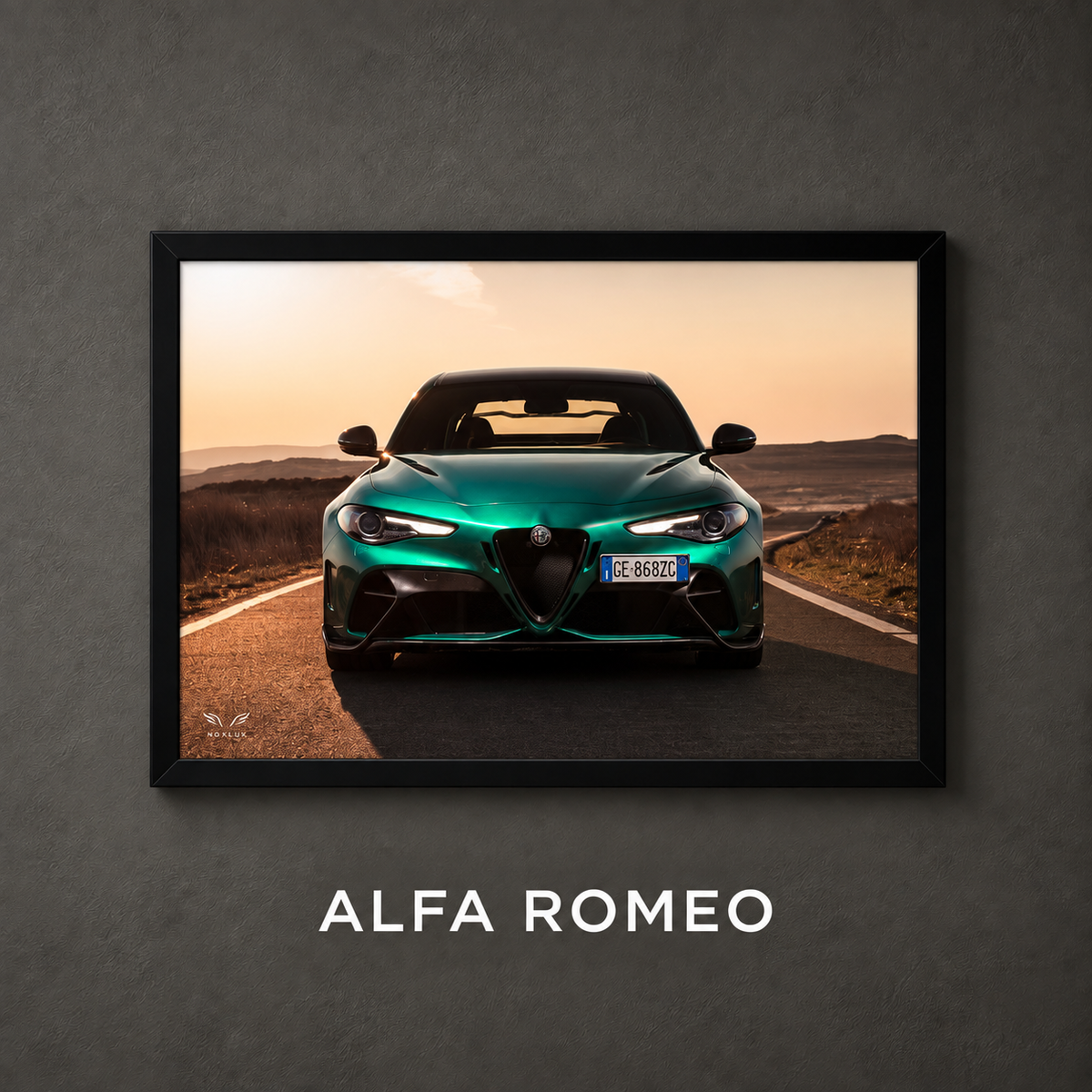 Framed Alfa Romeo car poster on a charcoal wall with collection label