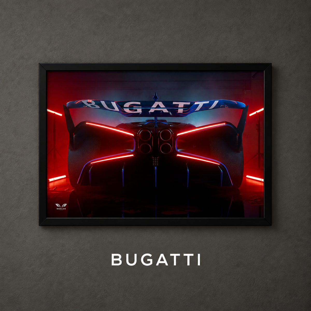 Framed Bugatti car poster on a charcoal wall with collection label
