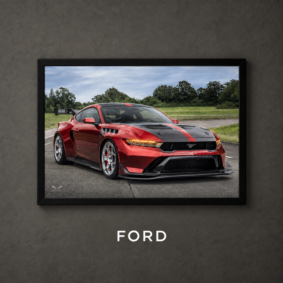 Framed Ford car poster on a charcoal wall with collection label