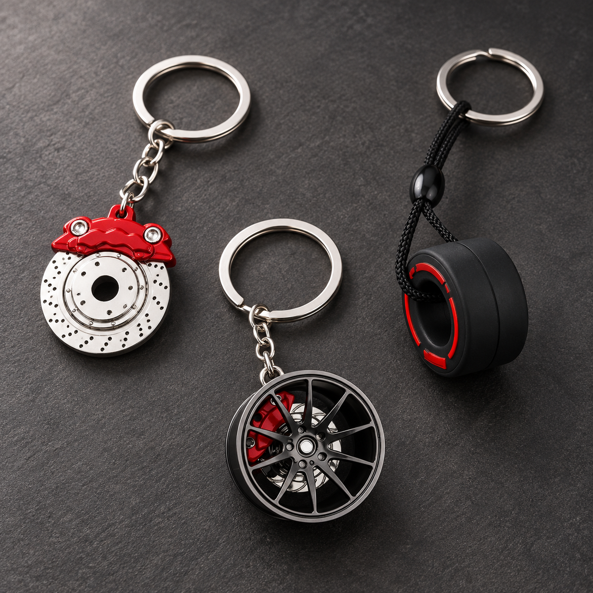 Brake disc, racing tyre and spinning alloy wheel car keychains