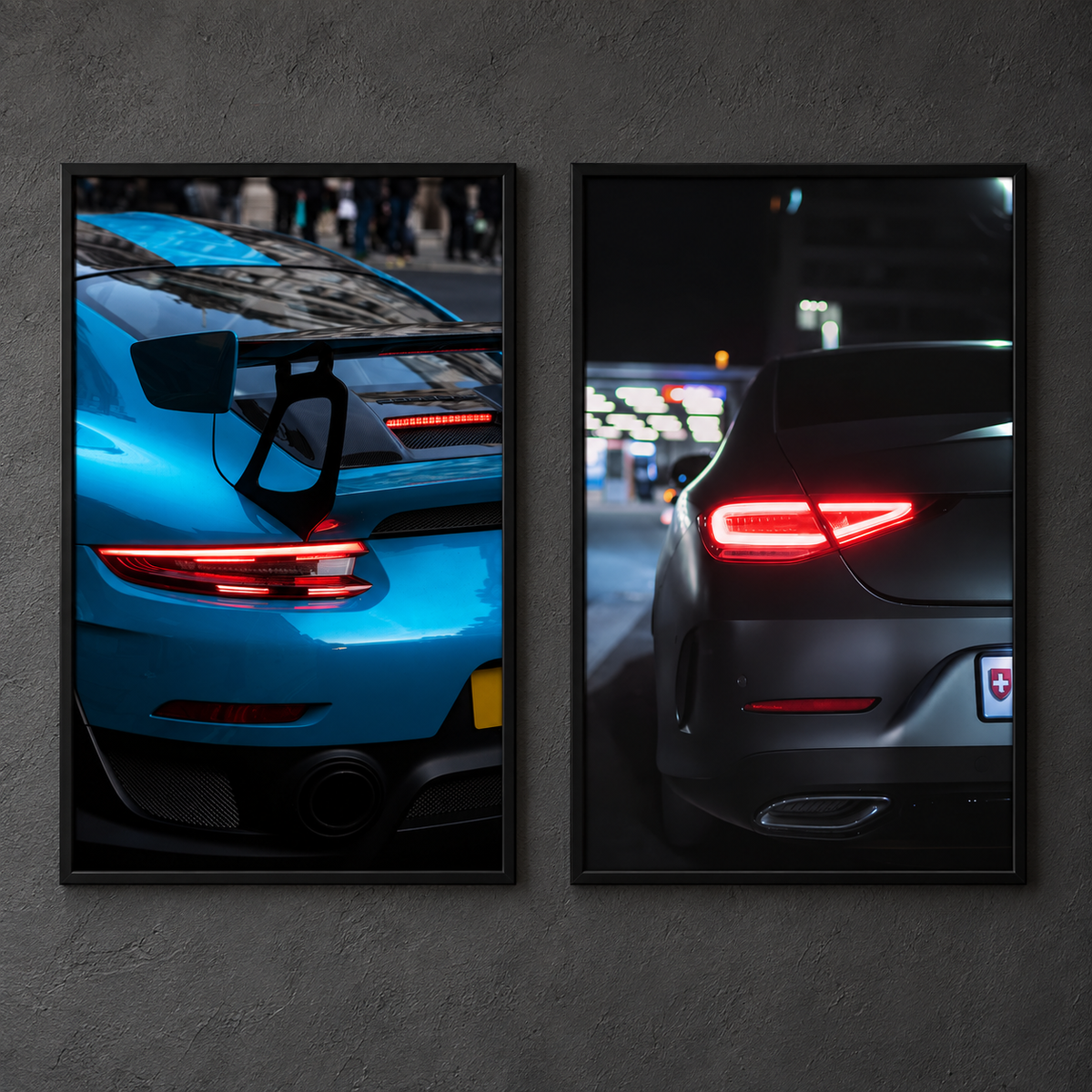 Porsche 911 GT2 RS and Mercedes-Benz CLS portrait LED car posters