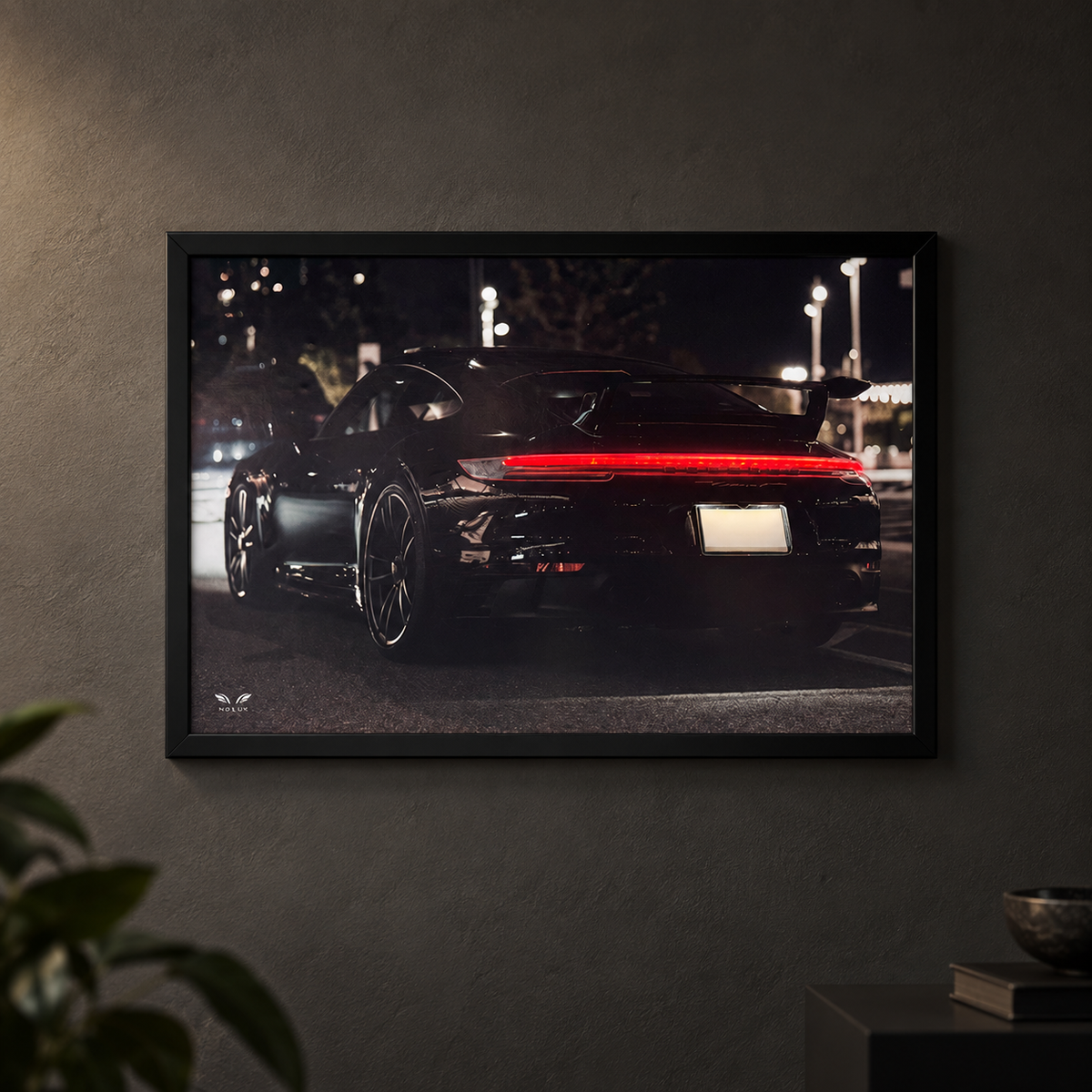 Porsche 911 992 landscape LED car poster on a charcoal wall