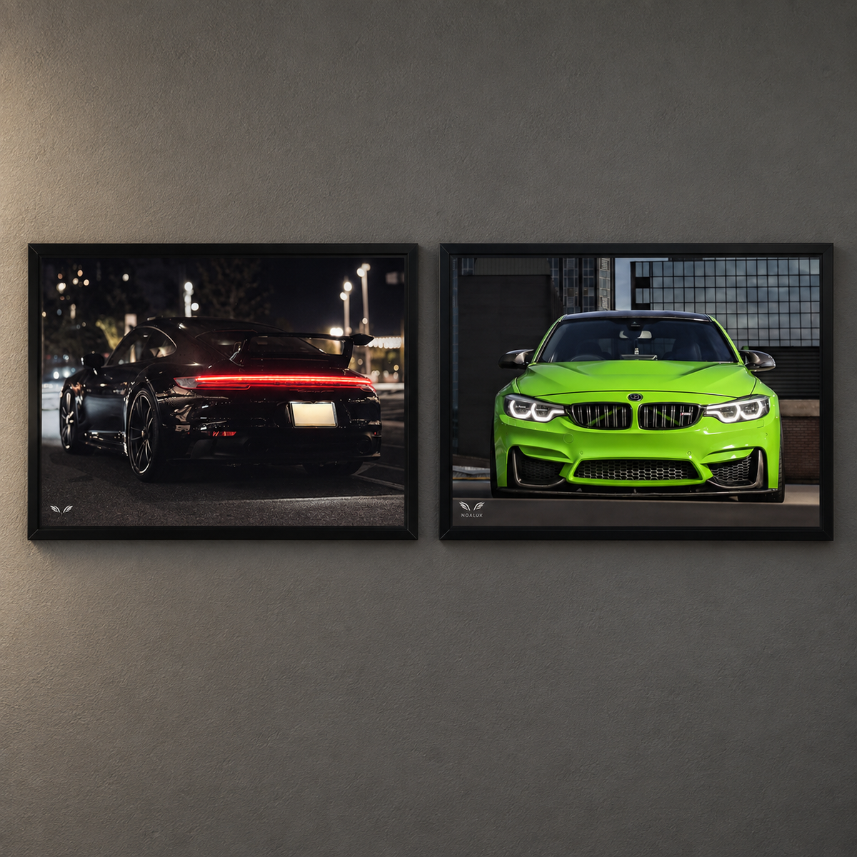 Porsche 911 992 and BMW M3 LED car posters displayed side by side