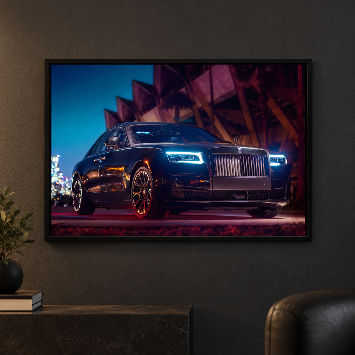Rolls-Royce Ghost luxury LED car poster on a charcoal wall