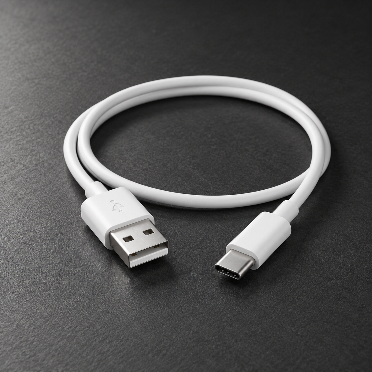 White USB-A to USB-C charging cable on dark graphite surface