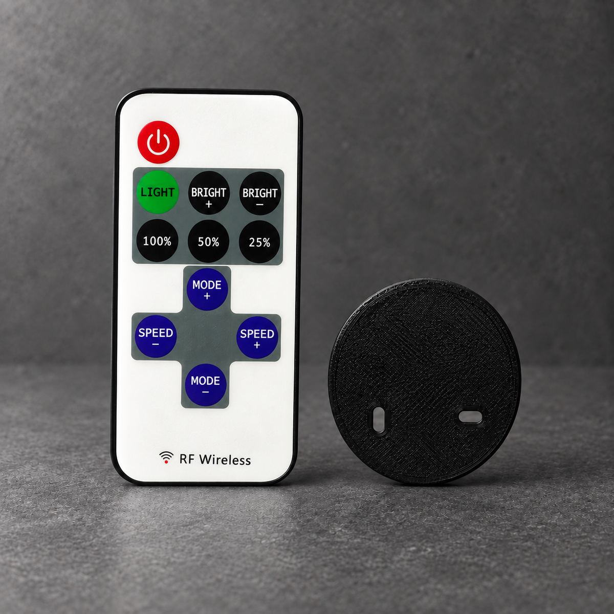 LED poster RF remote beside brake disc lamp wall mount