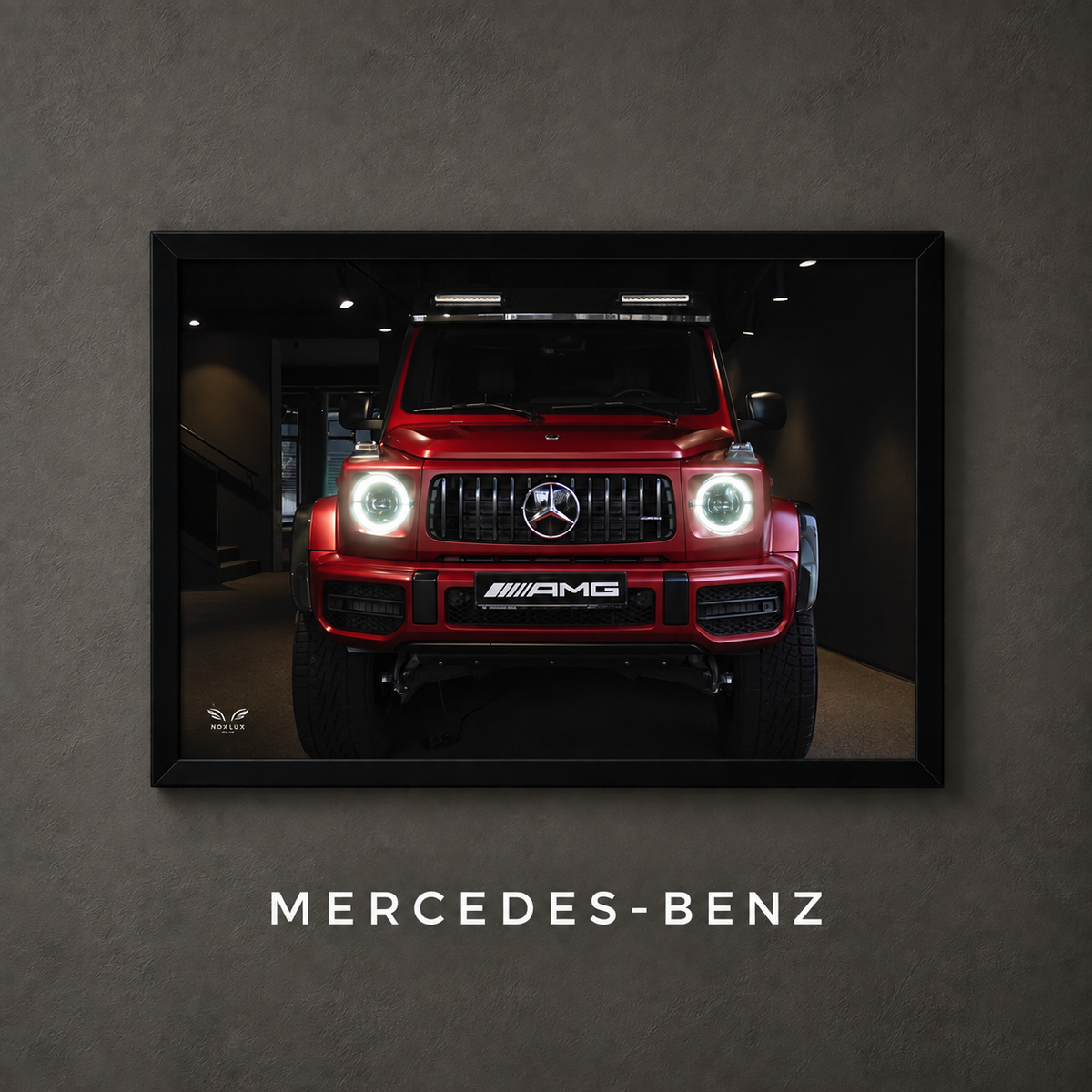Framed Mercedes-Benz car poster on a charcoal wall with collection label