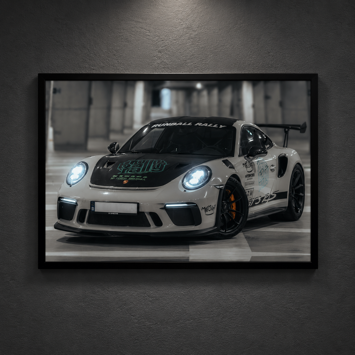 Porsche 911 GT3 RS racing LED car poster on a charcoal wall